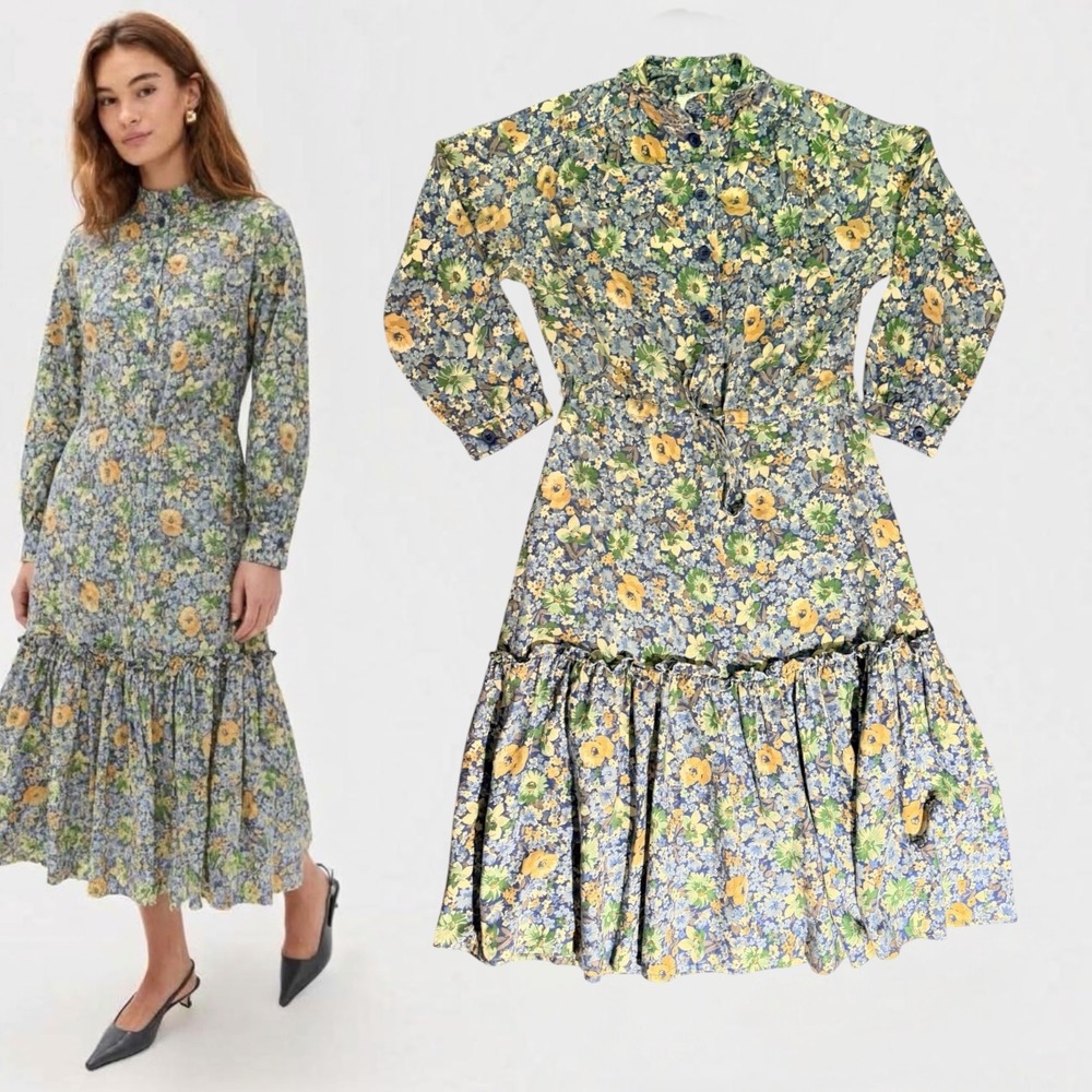 Mandy Marsh Midi Dress Floral Tiered High Neck Blue Green Yellow Vintage 40